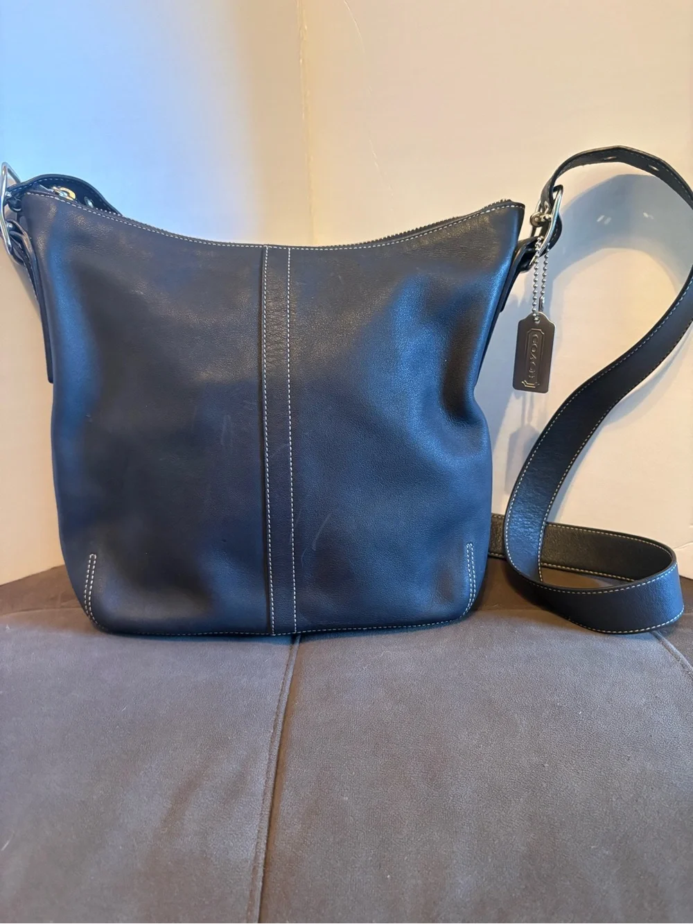 Coach Black Leather Messenger Crossbody with Contrast Stitching